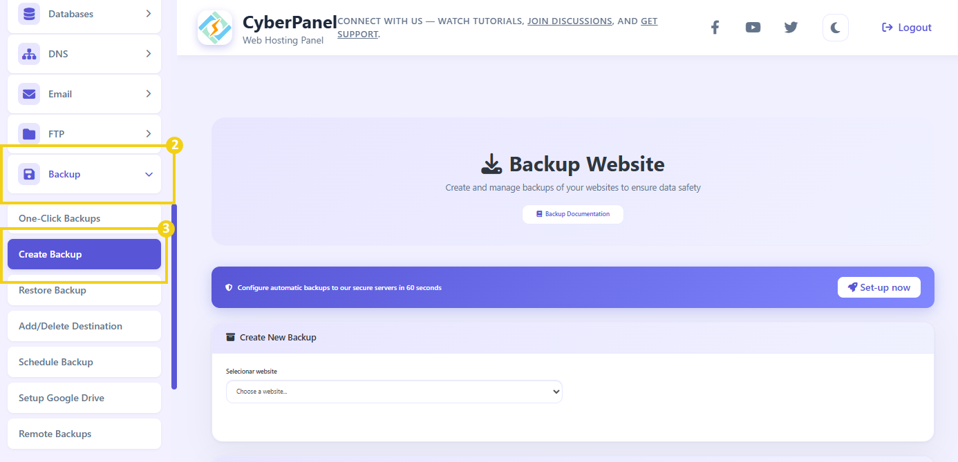 Imagem mostra o painel&nbsp;CyberPanel&nbsp;com a marcação no menu lateral na opção Backup e em&nbsp;Create&nbsp;Backup para acessar a tela de criação e geração de backups