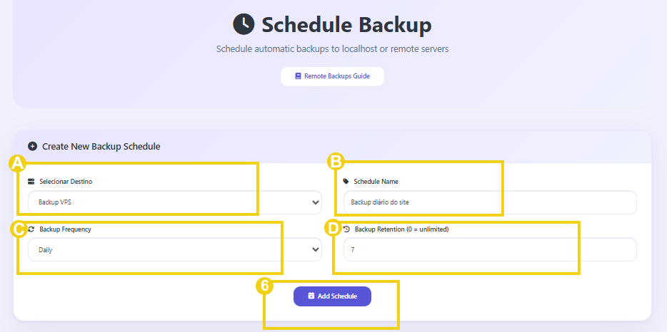 Imagem mostra o painel&nbsp;CyberPanel&nbsp;com a marcação nos campos de configuração do agendamento de backup