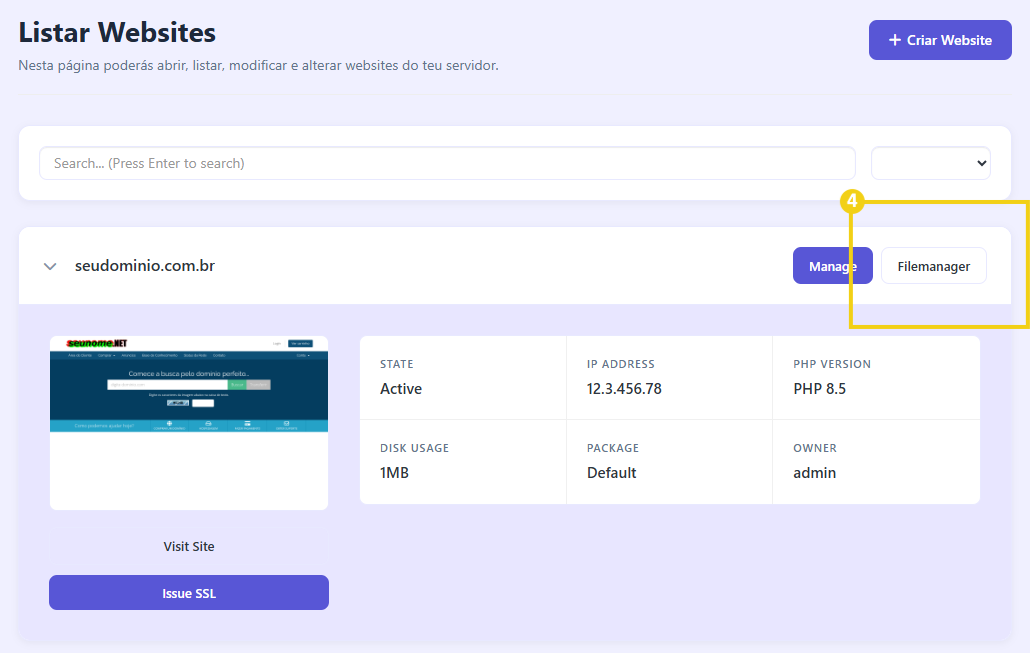 Imagem mostra o painel&nbsp;CyberPanel&nbsp;com a marcação no botão Filemanager