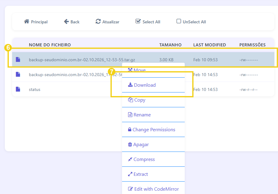 Imagem mostra o painel&nbsp;CyberPanel&nbsp;com a marcação na linha de backup e na janela que abre com a opção de Download
