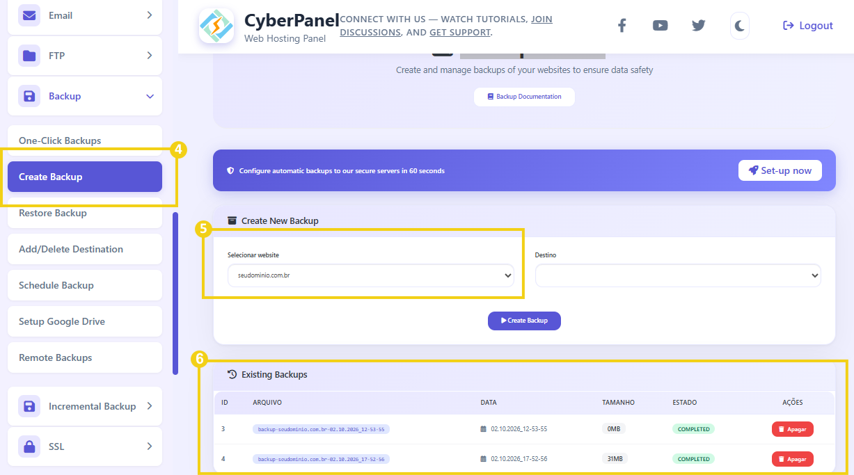 Imagem mostra o painel&nbsp;CyberPanel&nbsp;com a marcação no menu lateral no botão "Create Backup", que na tela de gerenciamento deve ser selecionado o domínio que deseja e assim os dados são exibidos