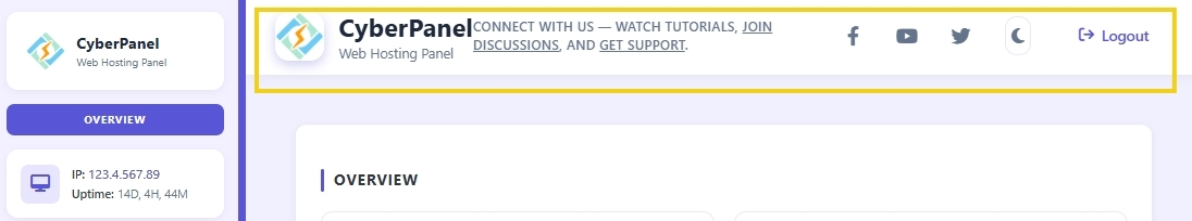 Tela do painel de controle do CyberPanel, painel de hospedagem web, com opções de tutorial, discussões e suporte