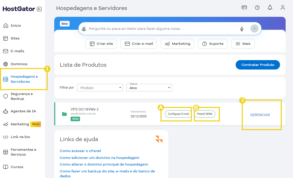 Tela do painel de gerenciamento de hospedagens e servidores no HostGator, destacando opções para criar sites, configurar produtos e gerenciar domínios.