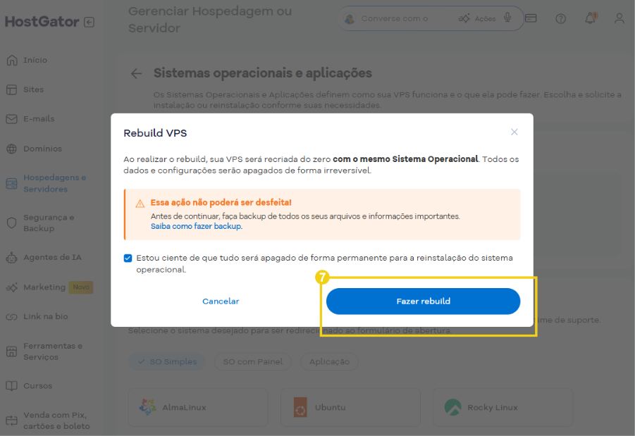 Imagem mostrando área de gerenciamento de rebuild VPS, destacando botão “Fazer rebuild” 