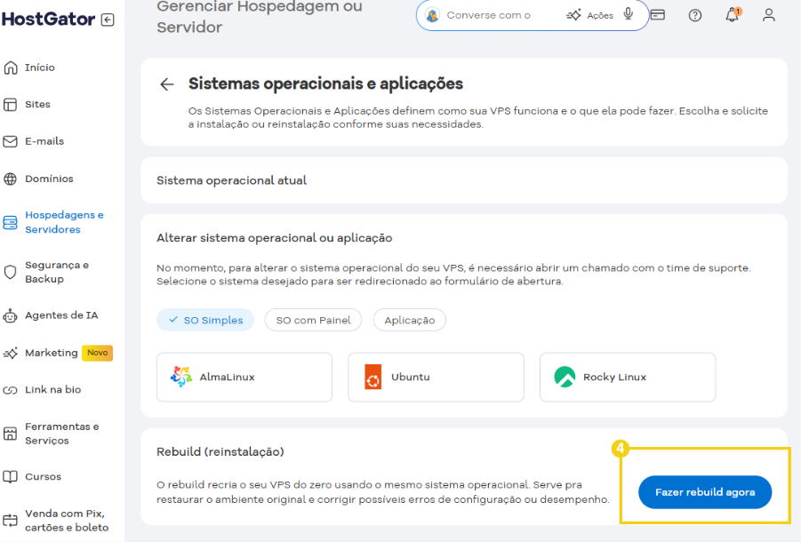 Imagem mostrando área de gerenciamento de servidores, com destaque ao campo “Rebuild (reinstalação)” 