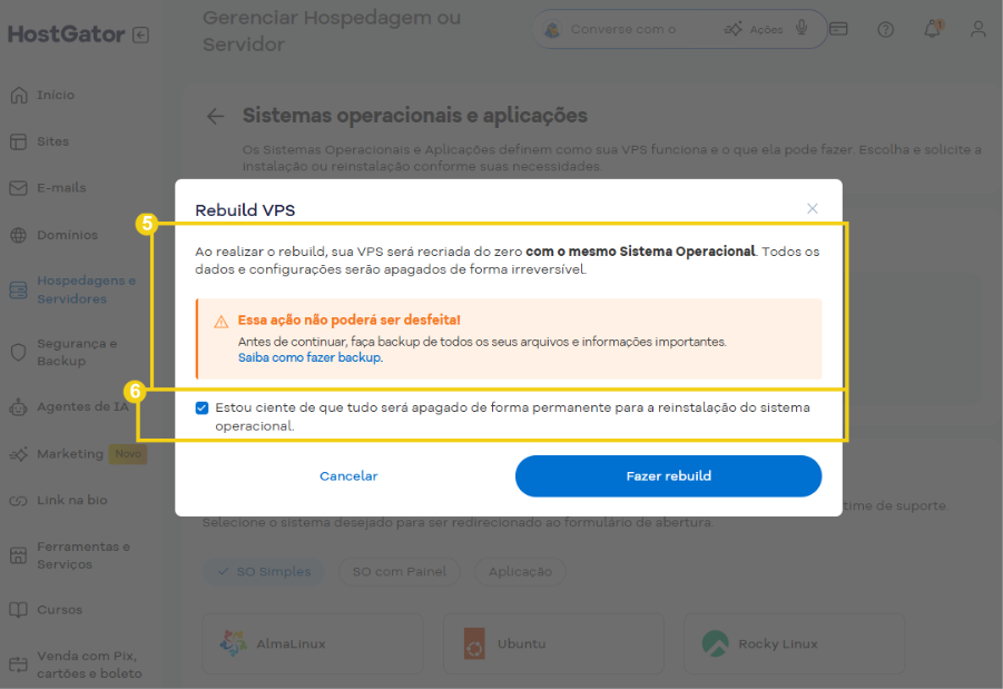 Imagem mostra tela de rebuild da VPS, com destaque as informações importantes e checkbox para marcar