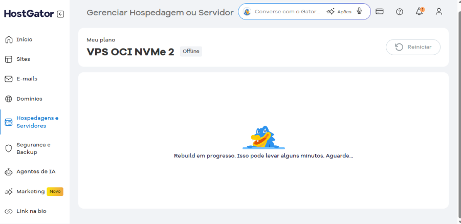 Imagem mostra tela de processamento do rebuild