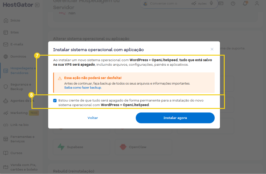 Imagem do Portal do Cliente, na opção para instalação sistema operacional com aplicação, com destaque a informações importante e aceite de termos.