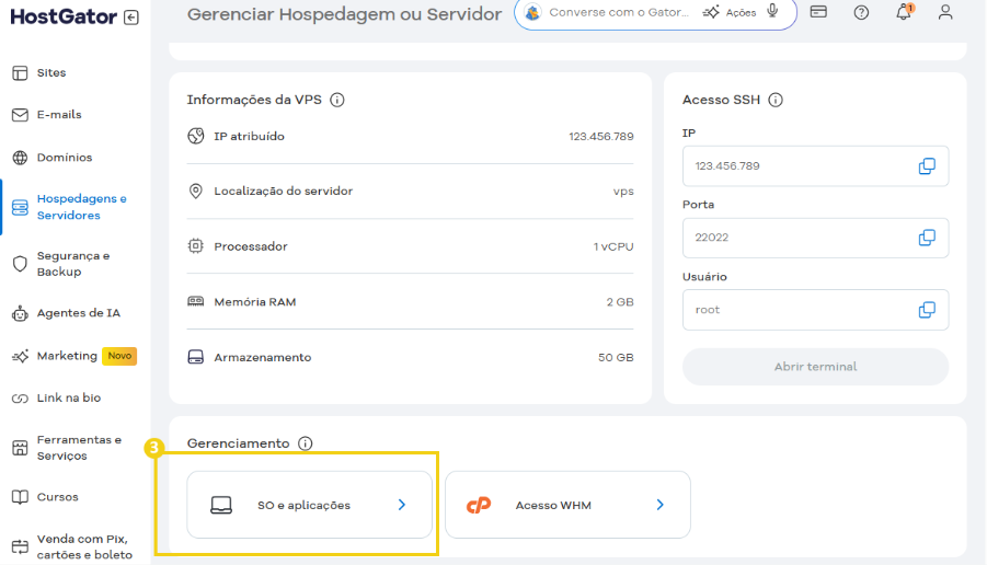 Imagem mostrando a plataforma HostGator de gerenciamento de hospedagens e servidores, destacando opção de gerenciamento de SO e aplicações