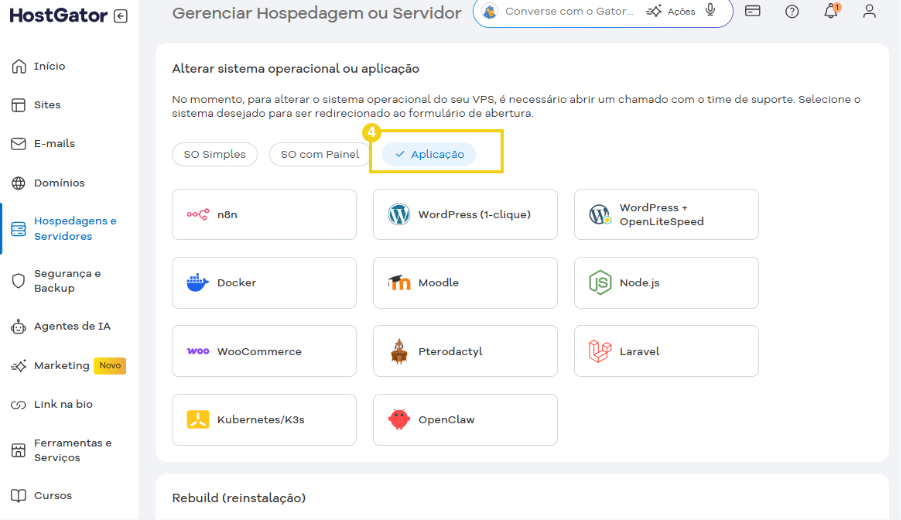Imagem do Portal do Cliente, na área de  gerenciamento de SO e aplicações, destacando botão "aplicação"
