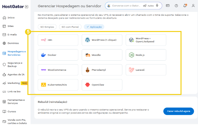 Imagem do Portal do Cliente, na área de  gerenciamento de SO e aplicações, destacando opções de aplicações disponíveis