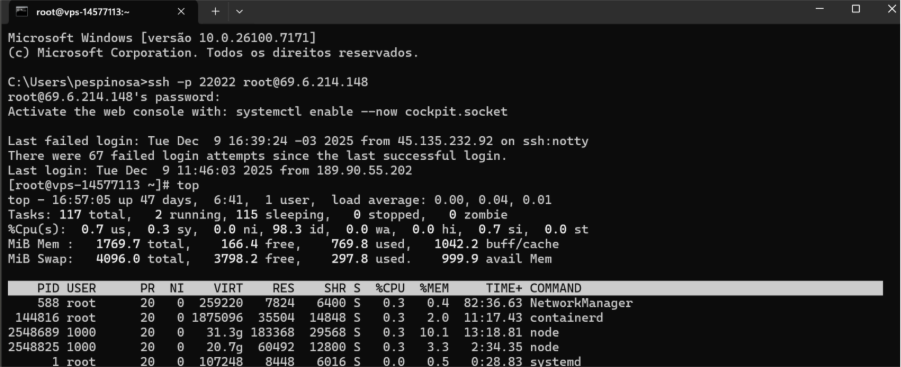 Imagem mostra resultado no terminal após rodar o comando "top"