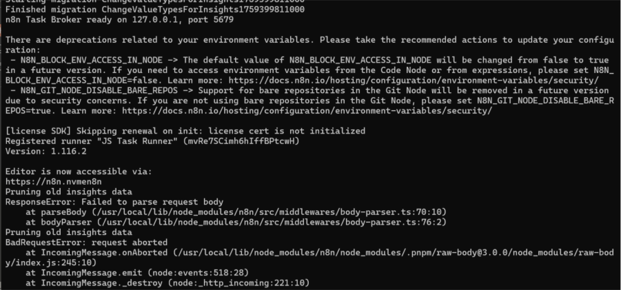 Imagem do terminal com resultado após executar o comando "docker&nbsp;logs -f n8n-main"