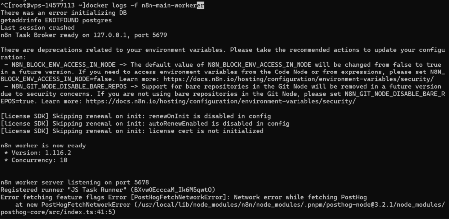 Imagem mostra retorno do terminal após executar comando para verificar logs do docker