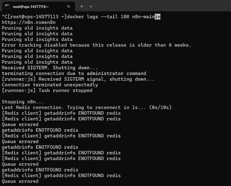 Imagem mostra retorno do terminal após executar comando para verificar logs do docker