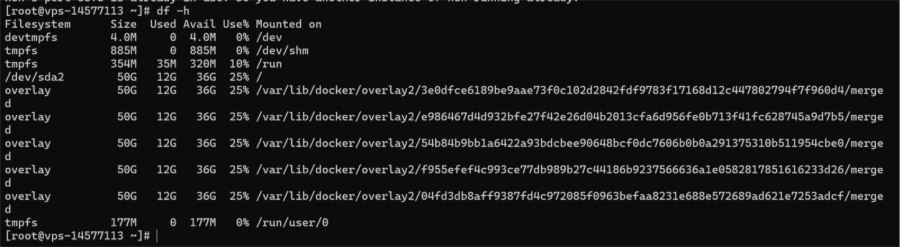 Imagem mostra retorno do terminal após executar comando "df -h"