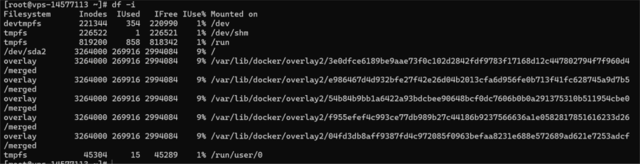 Imagem mostra retorno do terminal após executar comando "df -i"