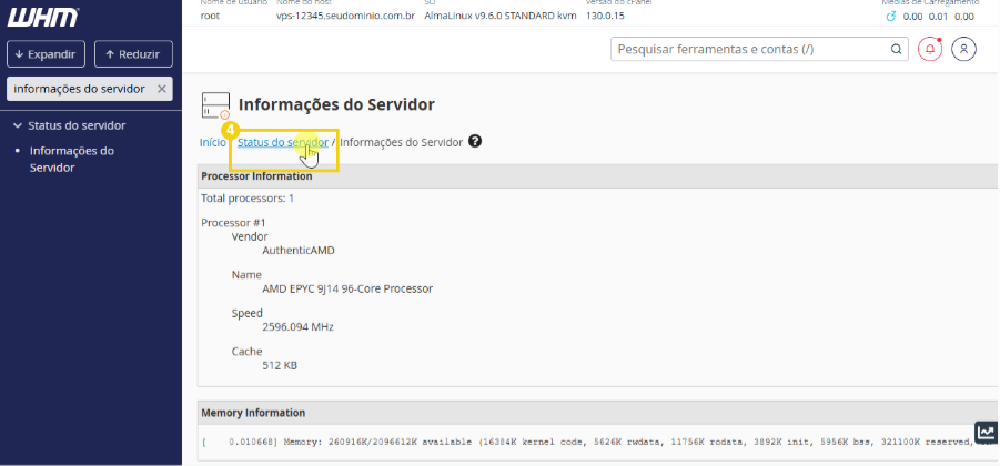 Tela de gerenciamento de servidor WHM destacando a opção clicável "status do servidor"