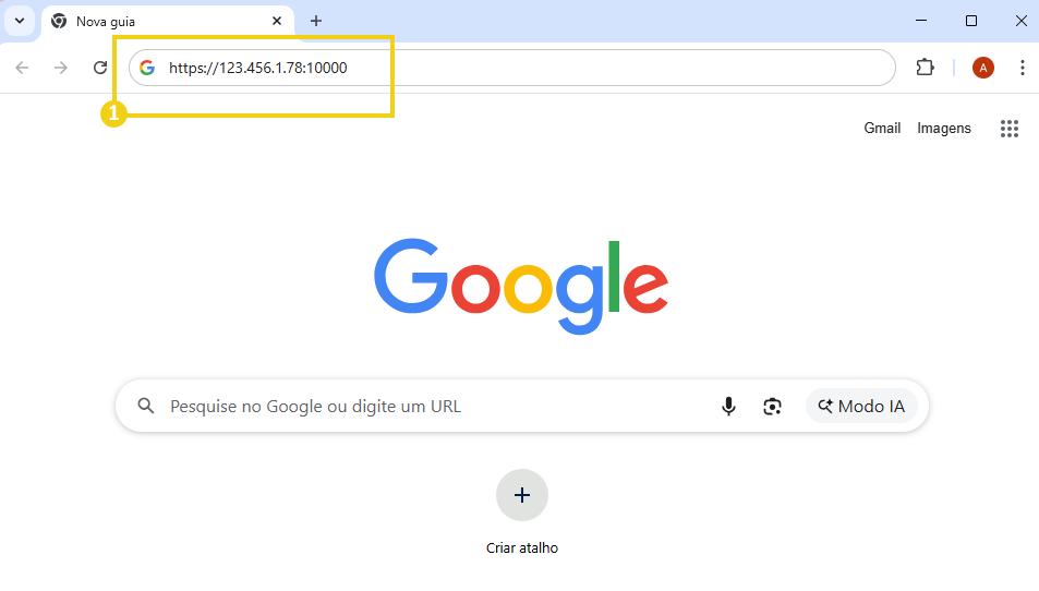 Imagem mostra a tela do navegador com o numero de IP mais a porta 10000 para que possa acessar a tela de login do Virtualmin