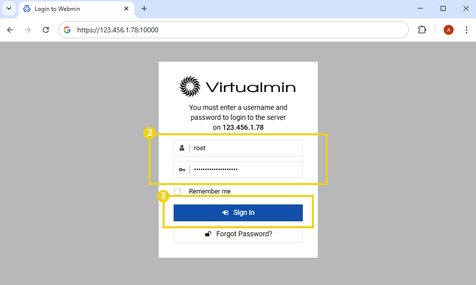 Imagem mostra a tela de login do Virtualmin, para informar o usuário, senha e clicar no botão "Sign In"