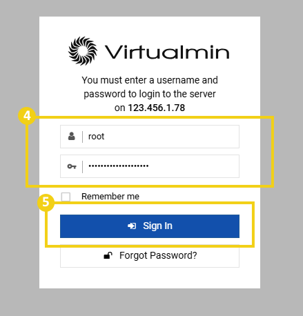 Imagem mostra a tela de login do Virtualmin, para informar o usuário, senha e clicar no botão "Sign In"