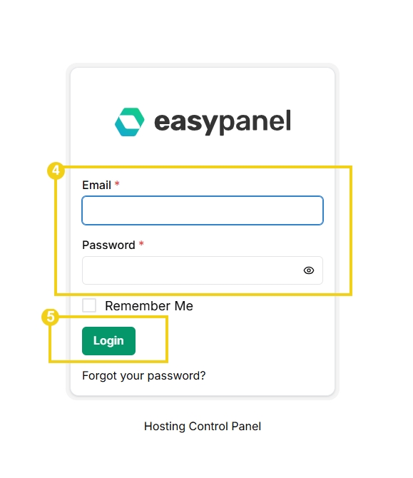Tela de login do painel de controle do EasyPanel, mostrando campos para email e senha, botão de login destacado em verde, além de opções de lembrar senha e controle de hospedagem.