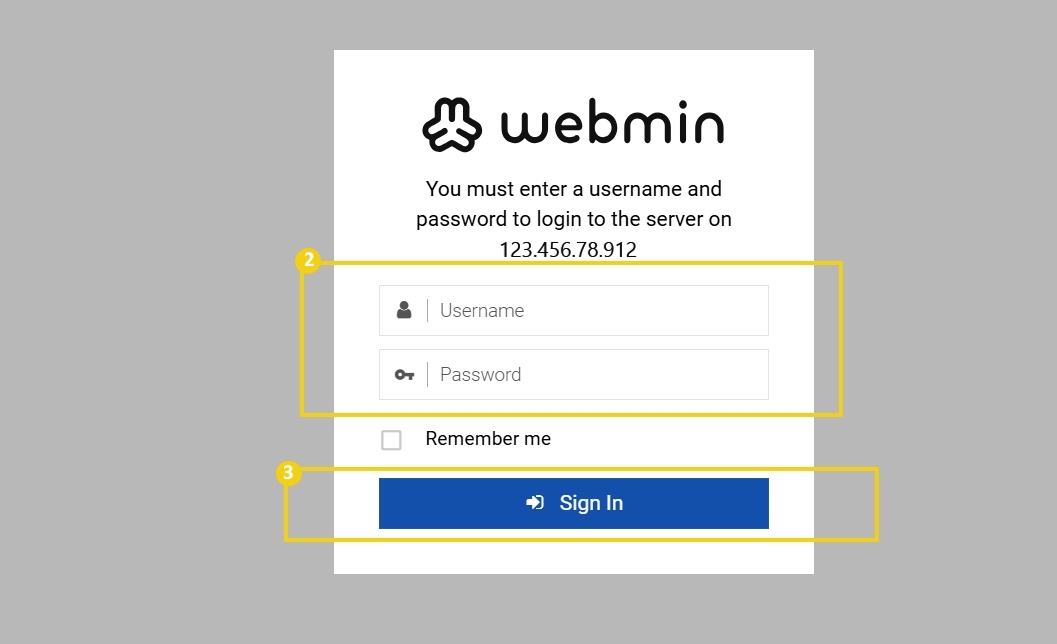 Tela de login do Webmin com campos para usuário e senha, botões para entrar e lembrar senha, e instruções para acesso ao servidor.
