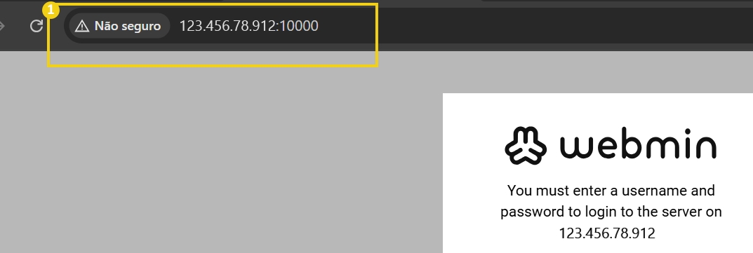 Tela de login do Webmin com mensagem de erro 'Não seguro' devido ao acesso não protegido ao servidor com endereço IP 123.456.78.912.912.