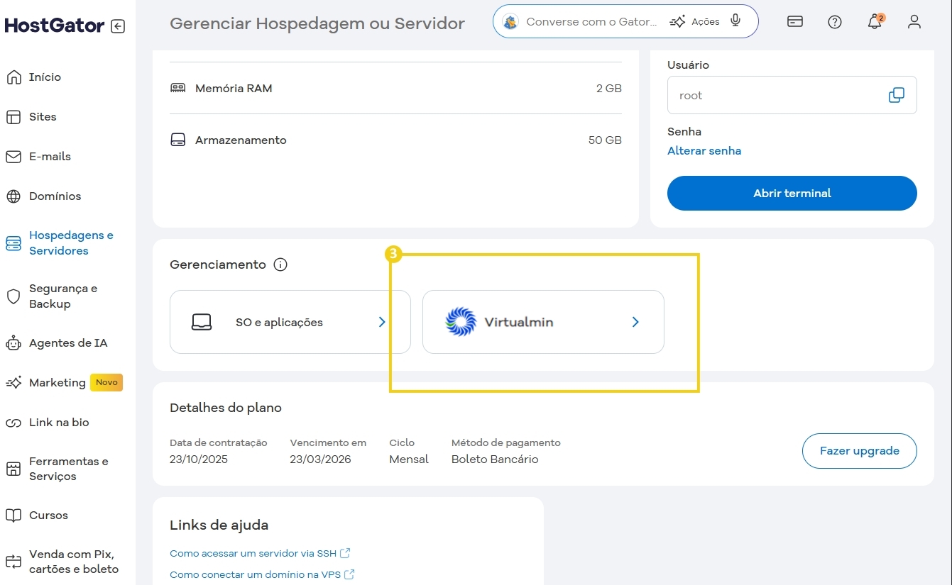 Imagem da plataforma HostGator gerenciando hospedagem ou servidor com detalhes do plano, memória RAM, armazenamento, e gerenciamento via Virtualmin.
