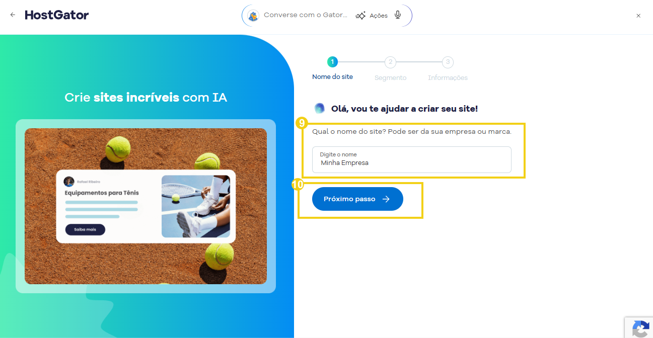 Imagem mostra a tela em que deve preencher o nome do site