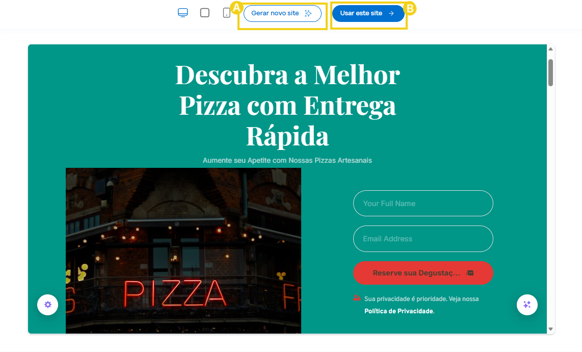 Imagem mostra o site gerado pelo sistema, com destaque às opções "Gerar novo site" e "usar esse site"