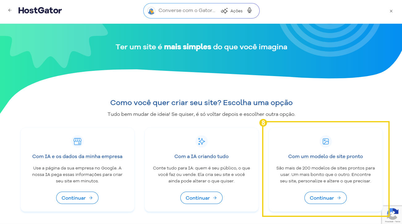 Captura de tela da plataforma HostGator mostrando opções para criar um site com inteligência artificial, incluindo modelos prontos, personalização e escolha de templates.