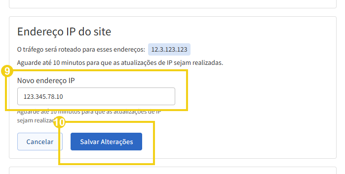 Imagem mostra a marcação no campo "Novo endereço IP" onde deve ser informado o número atual e para concluir clicar em "Salvar Alterações"