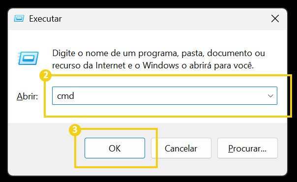 Imagem mostra a tela que é exibida ao pressionar as teclas Windows e R, com a marcação nos campos