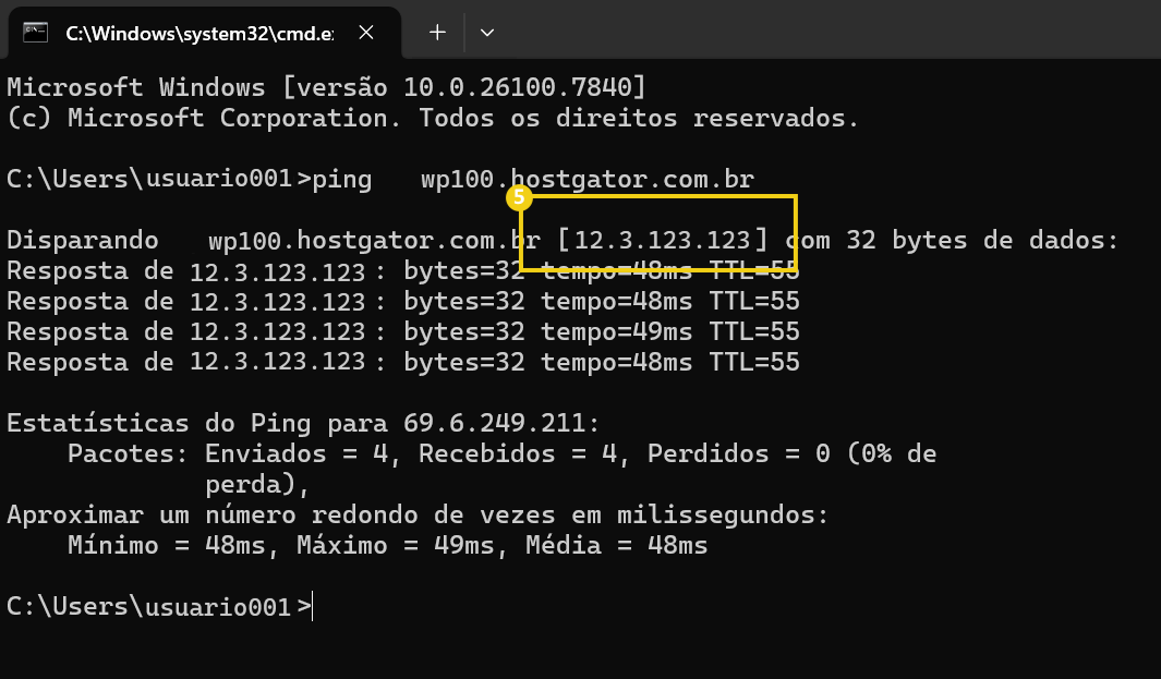 Imagem mostra a tela do terminal com o resultado do comando, exibindo o número do IP