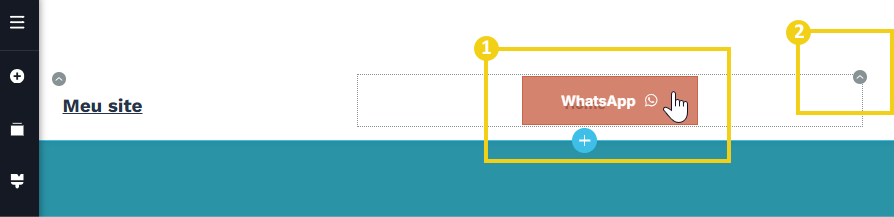 Imagem mostra a tela do painel editor do Criador de Sites com a marcação no botão do WhatsApp e em seguida na seta que é exibida