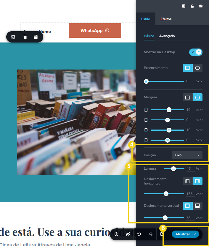 Imagem mostra a tela do painel editor do Criador de Sites com o painel lateral para definir as configurações e salvar