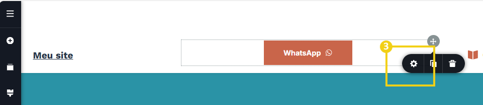 Imagem mostra a tela do painel editor do Criador de Sites com a marcação no ícone de engrenagem que deve ser clicado para acessar o painel de configurações