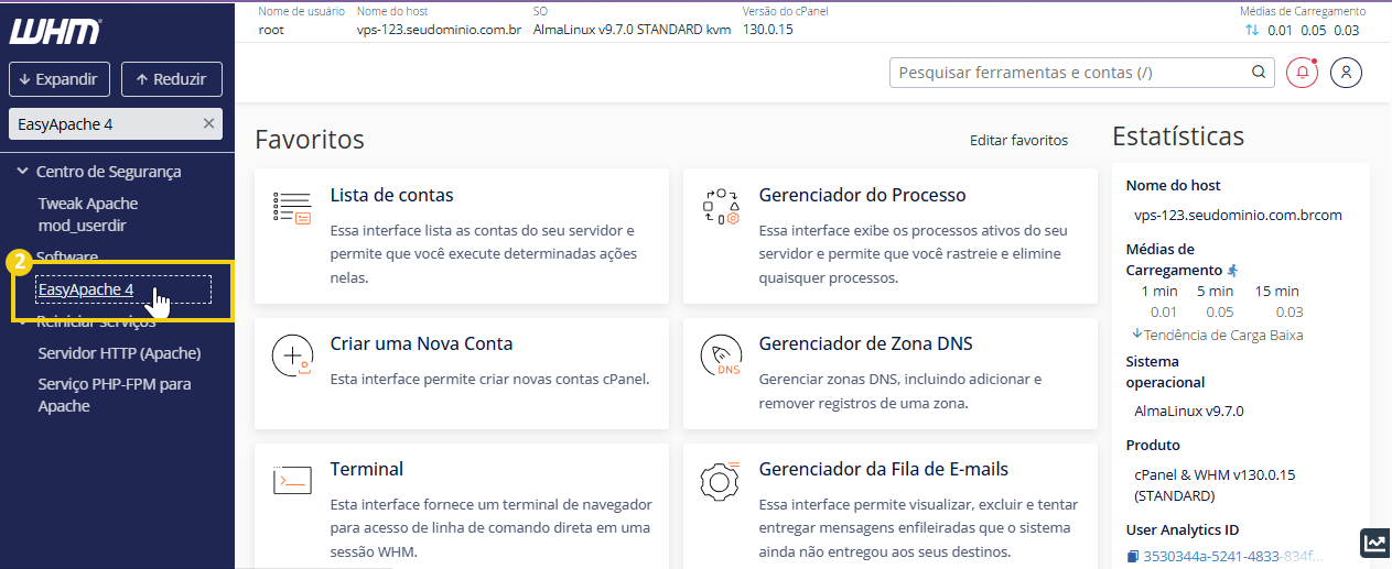 Imagem do painel WHM, mostrando o campo de busca com o texto "EasyApache4" digitado