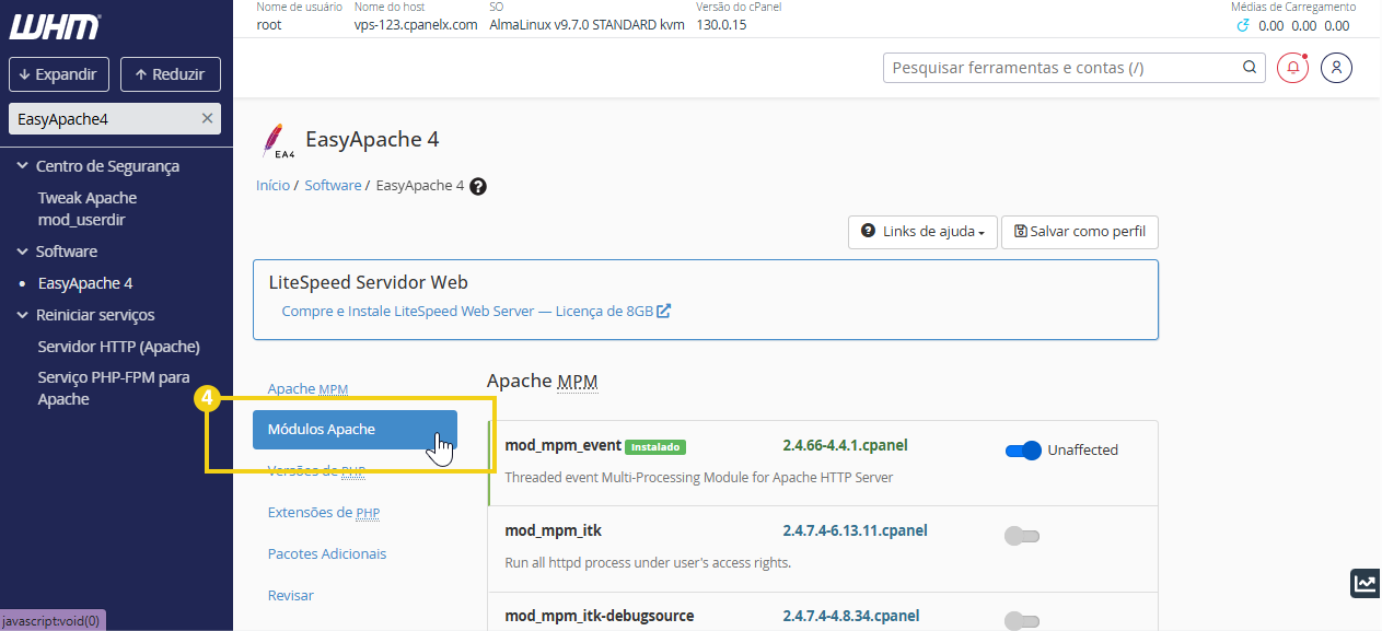 Imagem mostra WHM, na tela "Módulos Apache"
