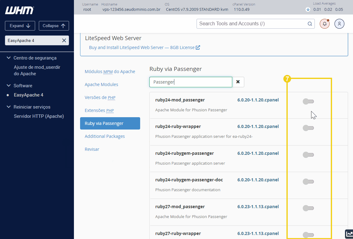 Tela de personalização do EasyApache4 mostrando no resultado as extensões ligadas a função "Ruby via passenger" 
