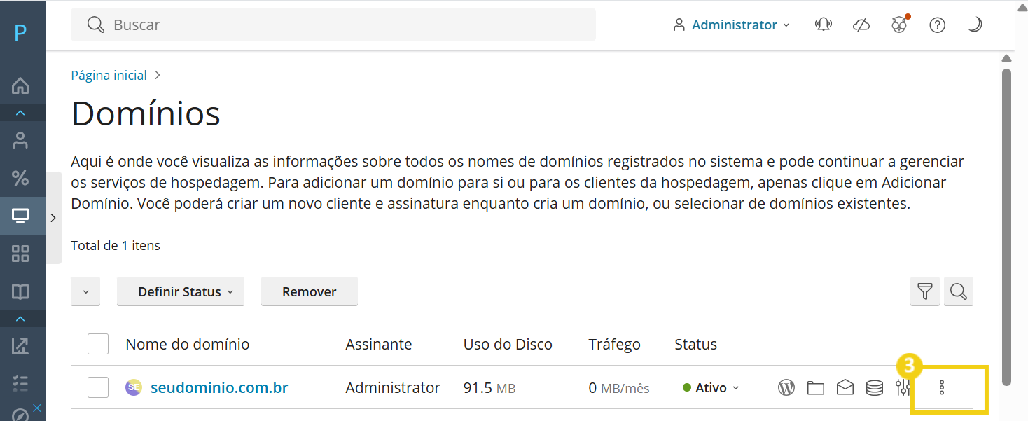 Imagem do painel Plesk, destacando ícone de 3 pontinhos