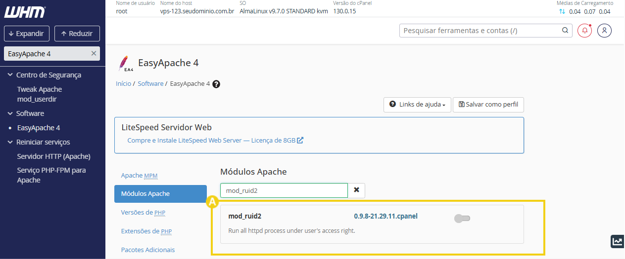 Tela de personalização do EasyApache4 mostrando o resultado com "mod_ruid2" 