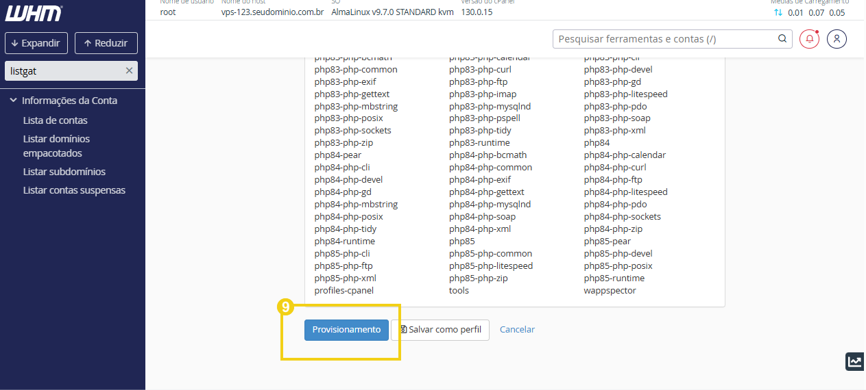 Imagem mostra o botão "Provisionamento" em destaque