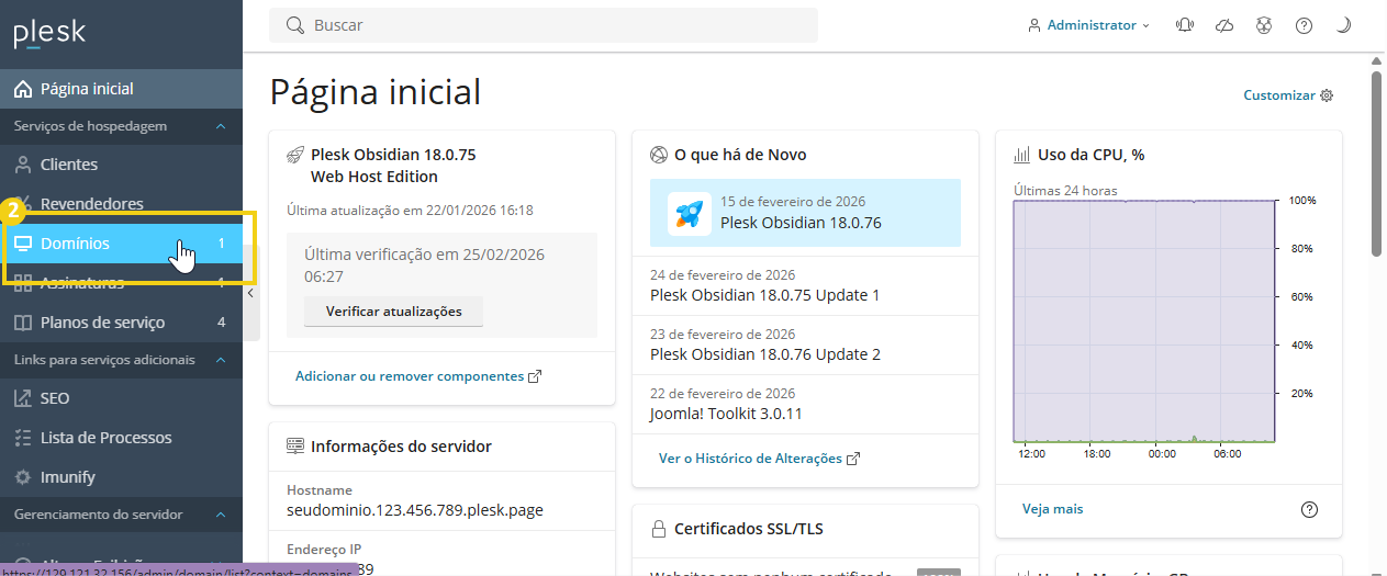 Imagem do painel de gerenciamento plesk, com destaque a opção do menu lateral "Domínios"