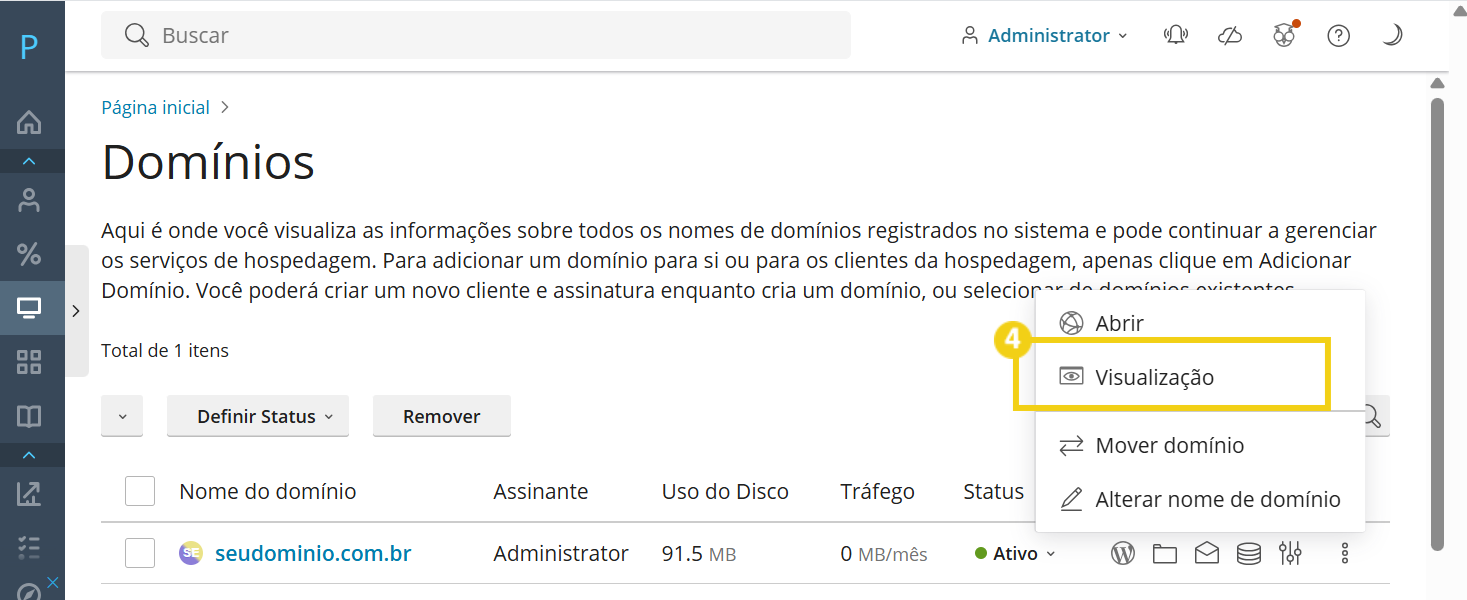 Imagem do painel plesk, destacando opção "visualização"