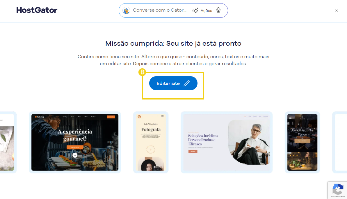 Imagem mostra a fluxo final da criação de sites com a opção para ir ao editor e criar o agente de IA