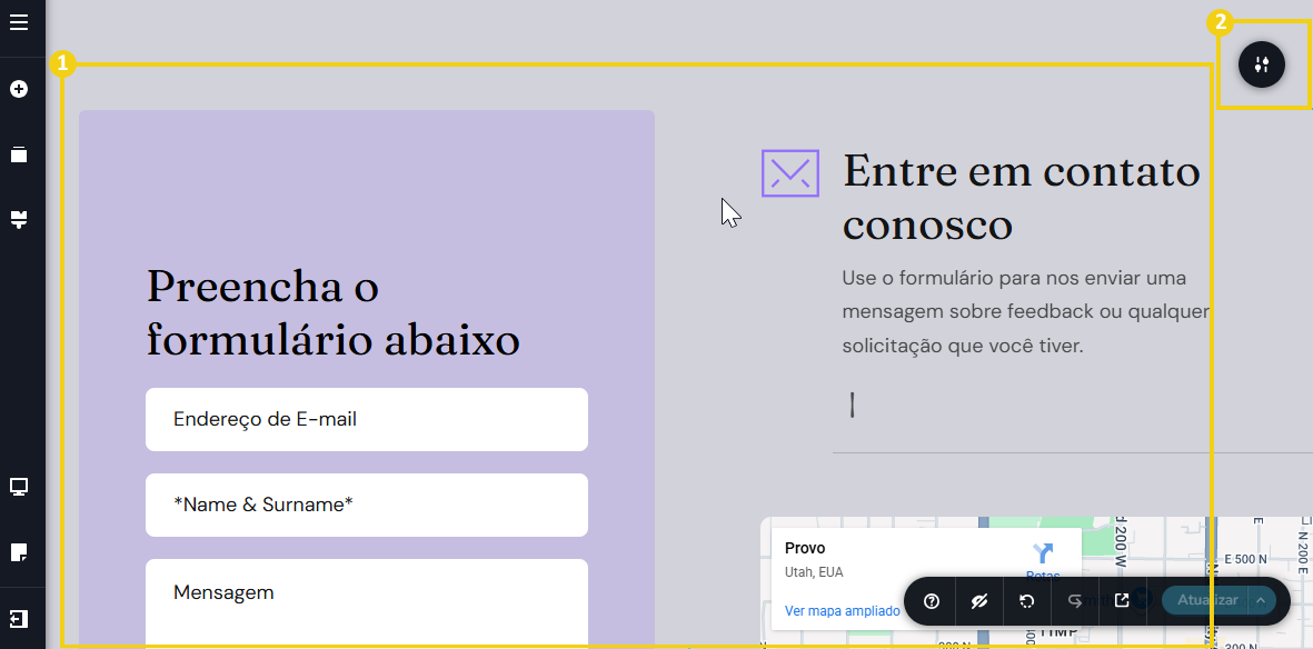 Imagem mostra a tela do editor do Criador de Sites com a marcação no bloco e também no menu suspenso que é exibido