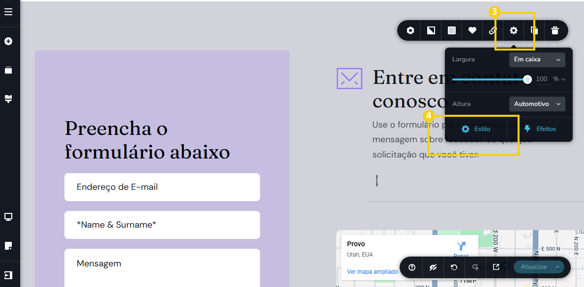 Imagem mostra a tela do editor do Criador de Sites com a marcação no menu de ferramentas em "Configurações" e em seguida em "Estilo"