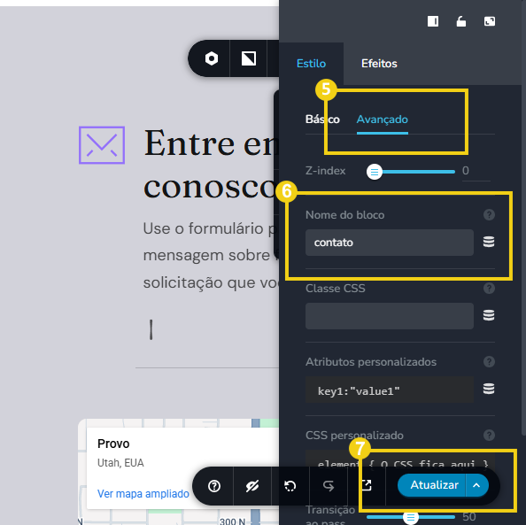 Imagem mostra a tela do editor do Criador de Sites no painel ao lado direito com marcação na aba "Avançado" e no campo "Nome do bloco" e no botão para salvar "Atualizar"